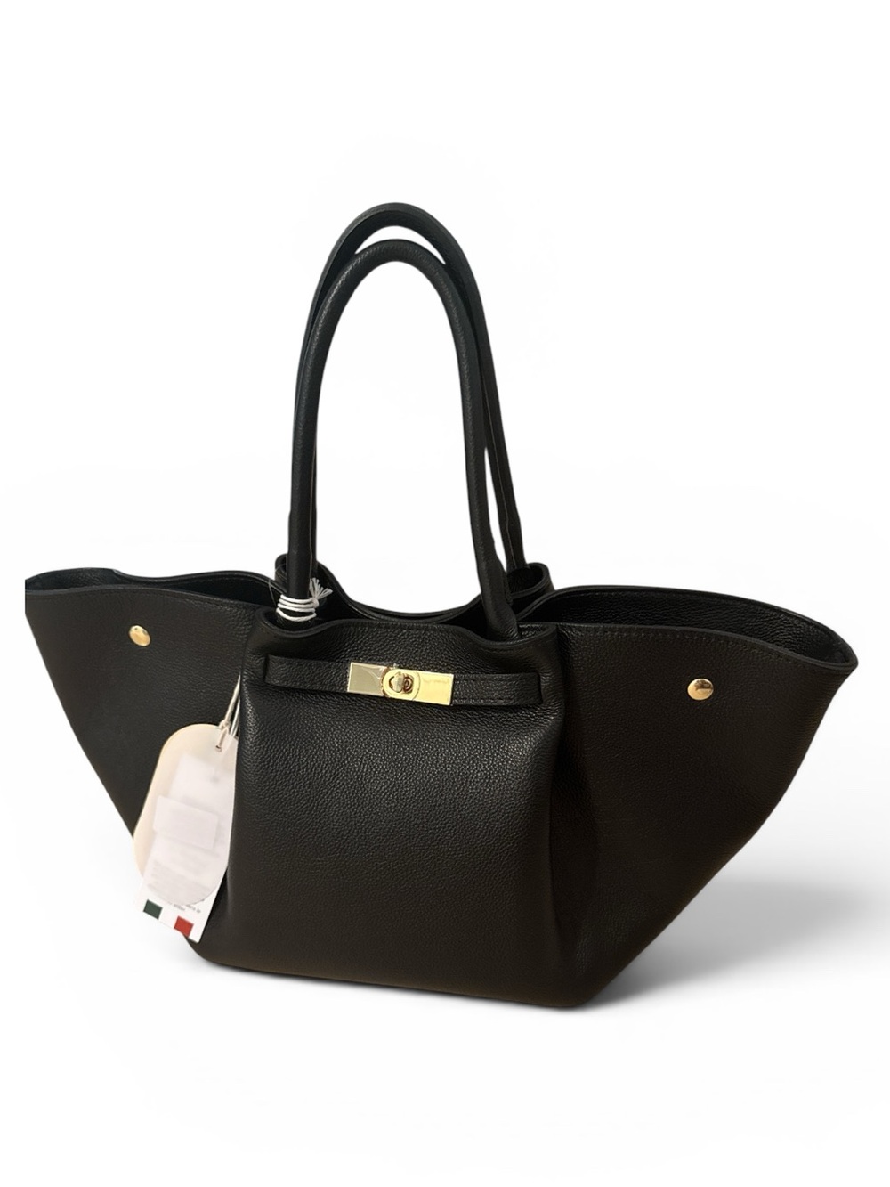 Classic Black Leather Tote Bag with Gold Hardware